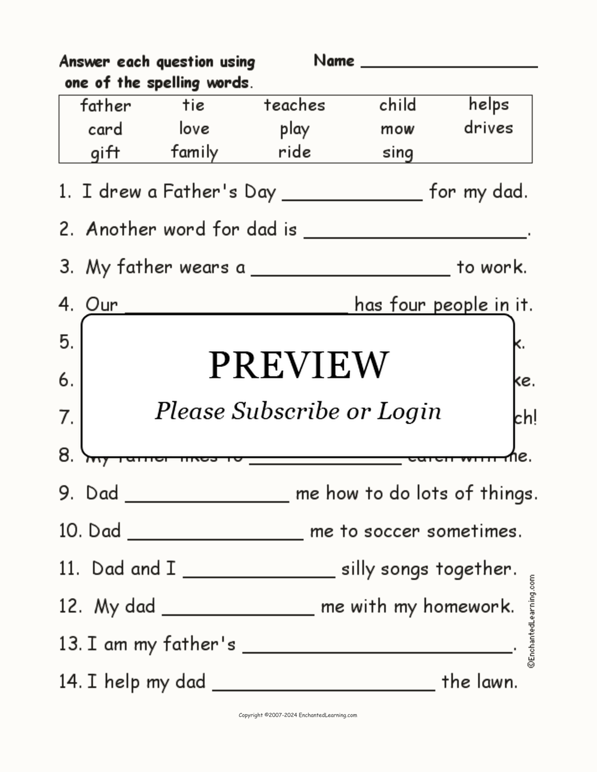 Father's Day Spelling Word Questions interactive worksheet page 1