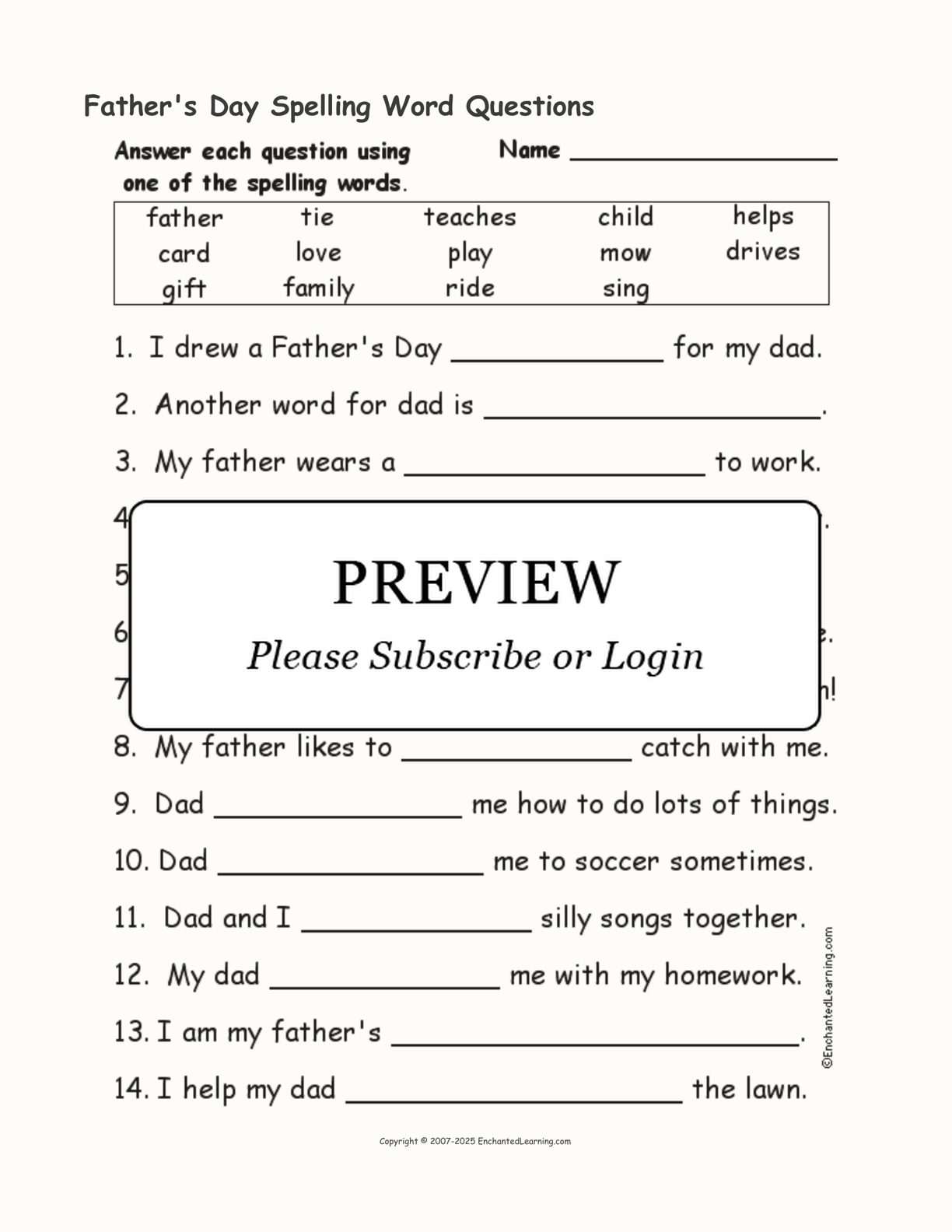 Father's Day Spelling Word Questions interactive worksheet page 1