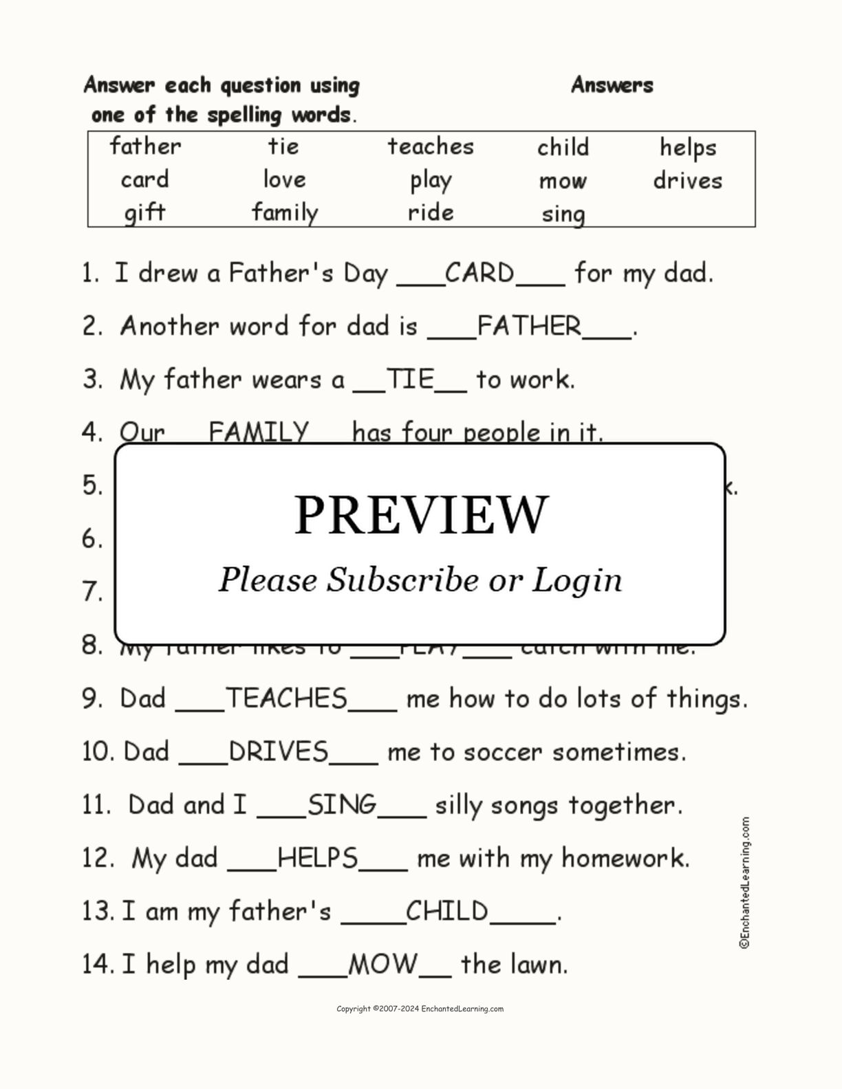 Father's Day Spelling Word Questions interactive worksheet page 2