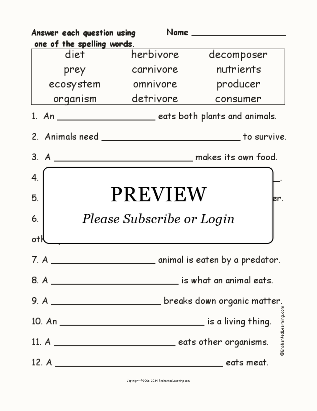 Food Chain: Spelling Word Questions interactive worksheet page 1