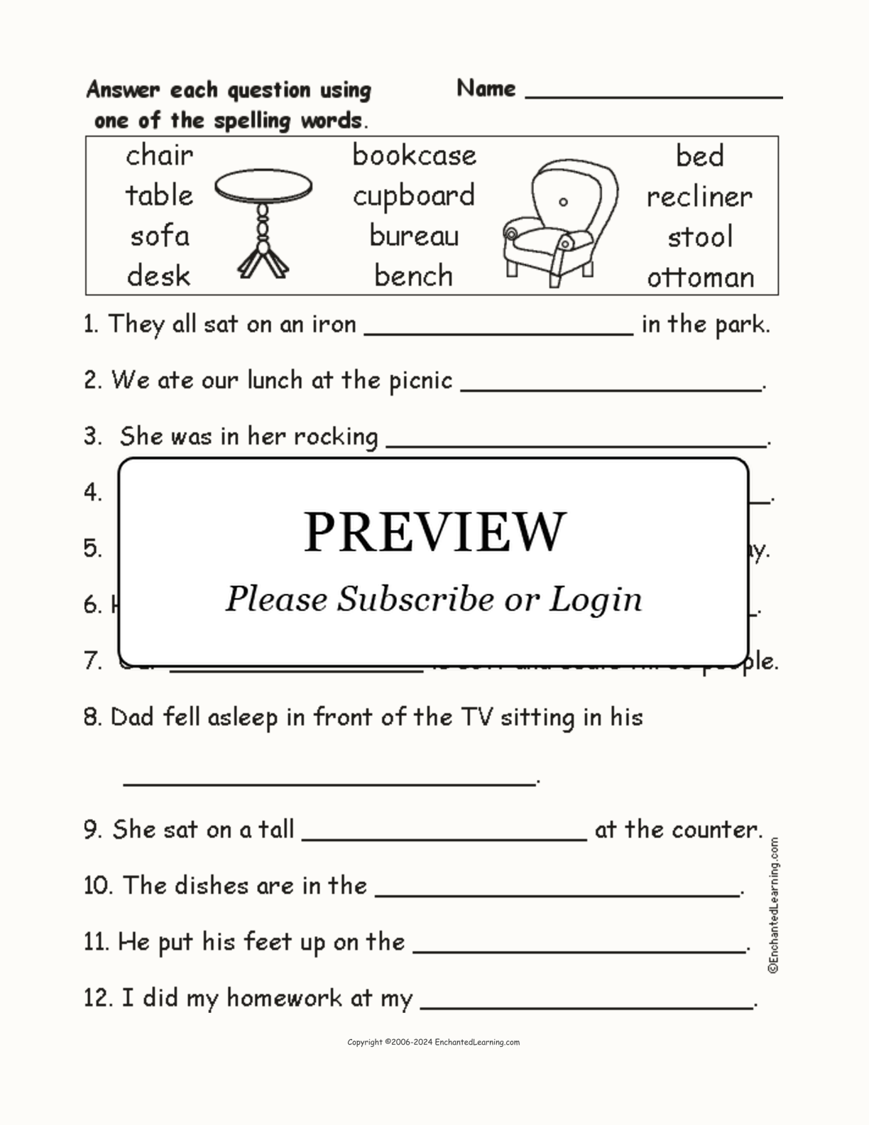 Furniture Spelling Word Questions interactive worksheet page 1