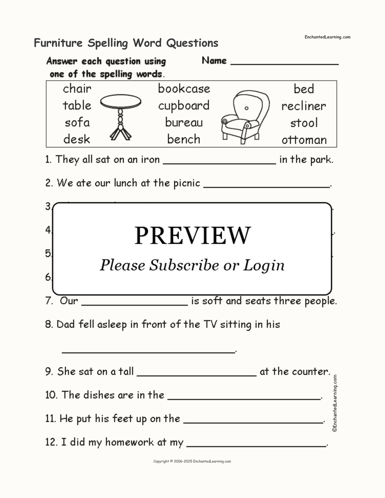 Furniture Spelling Word Questions interactive worksheet page 1