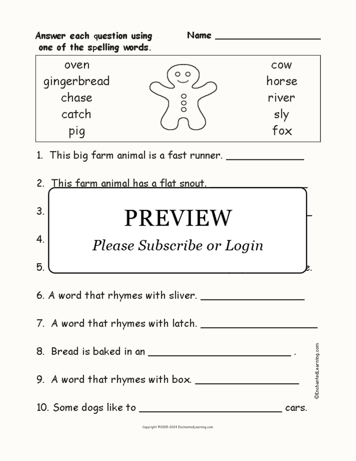 'The Gingerbread Man' Spelling Word Questions interactive worksheet page 1