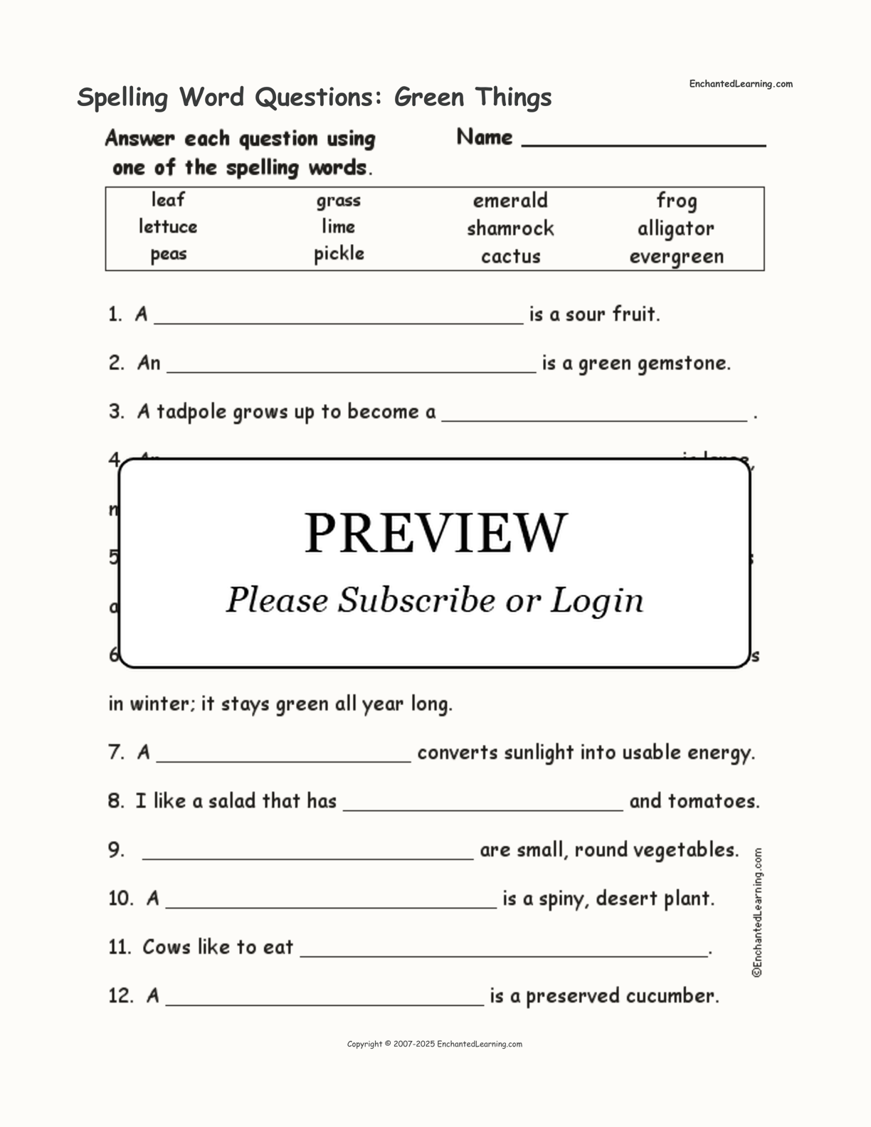 Spelling Word Questions: Green Things interactive worksheet page 1