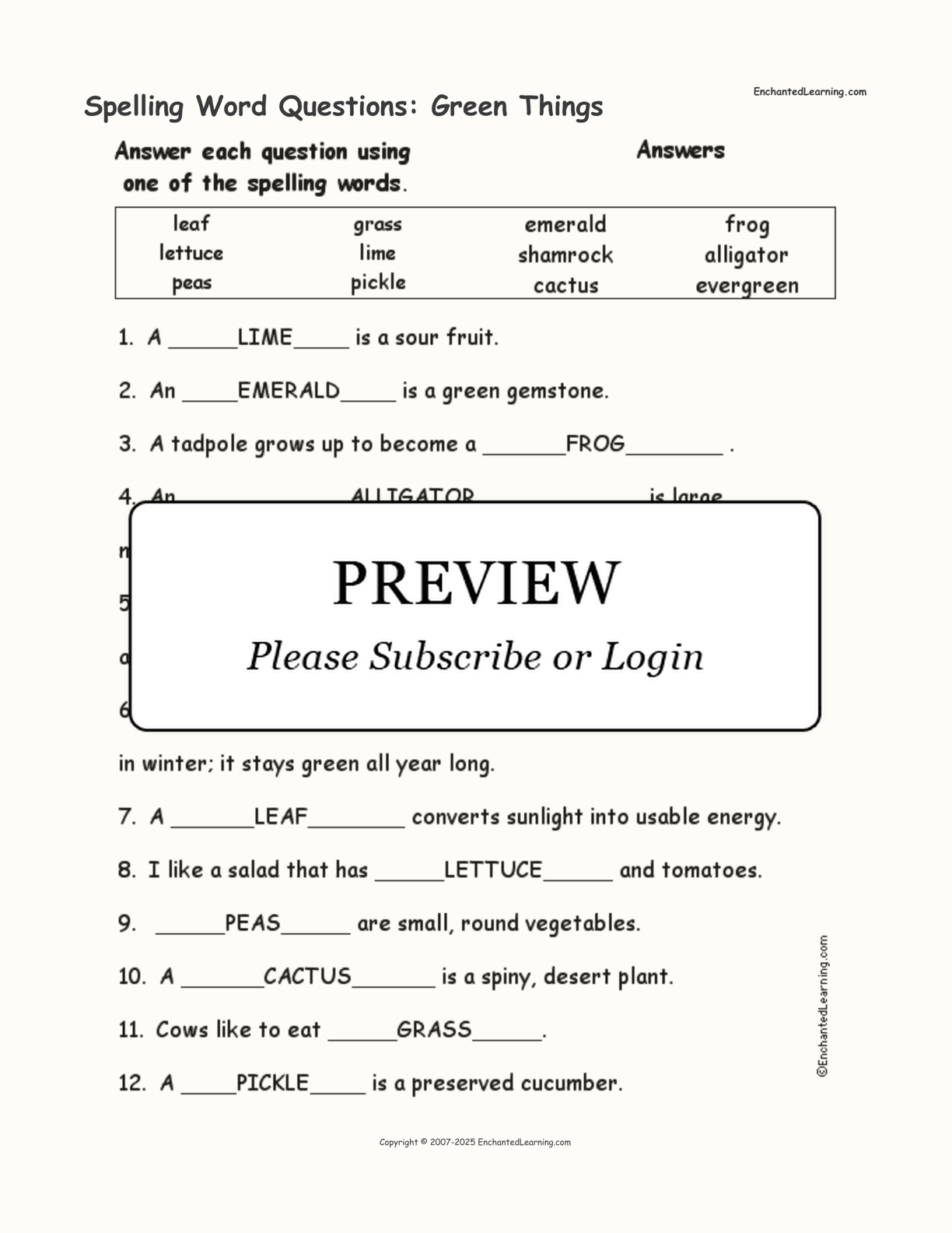 Spelling Word Questions: Green Things interactive worksheet page 2