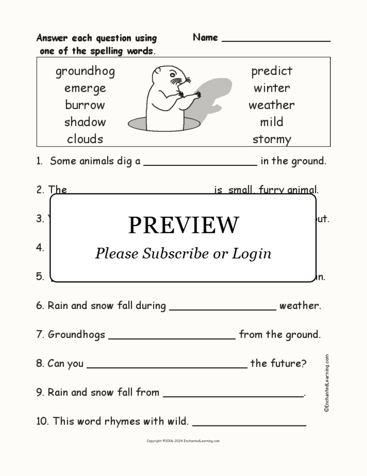 Groundhog Day Spelling Word Questions interactive worksheet page 1