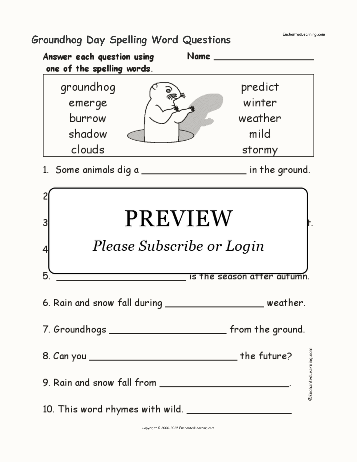 Groundhog Day Spelling Word Questions interactive worksheet page 1