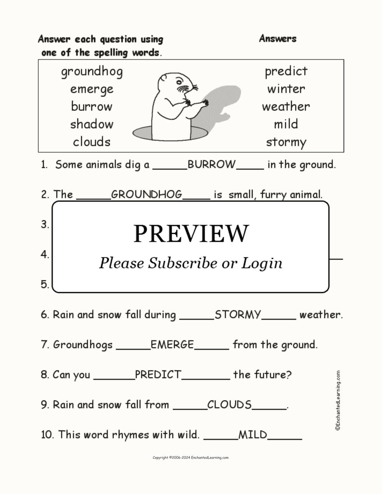 Groundhog Day Spelling Word Questions interactive worksheet page 2