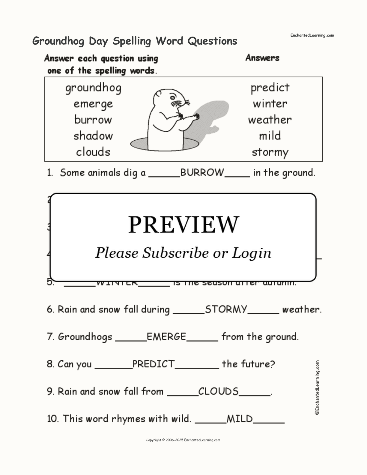 Groundhog Day Spelling Word Questions interactive worksheet page 2