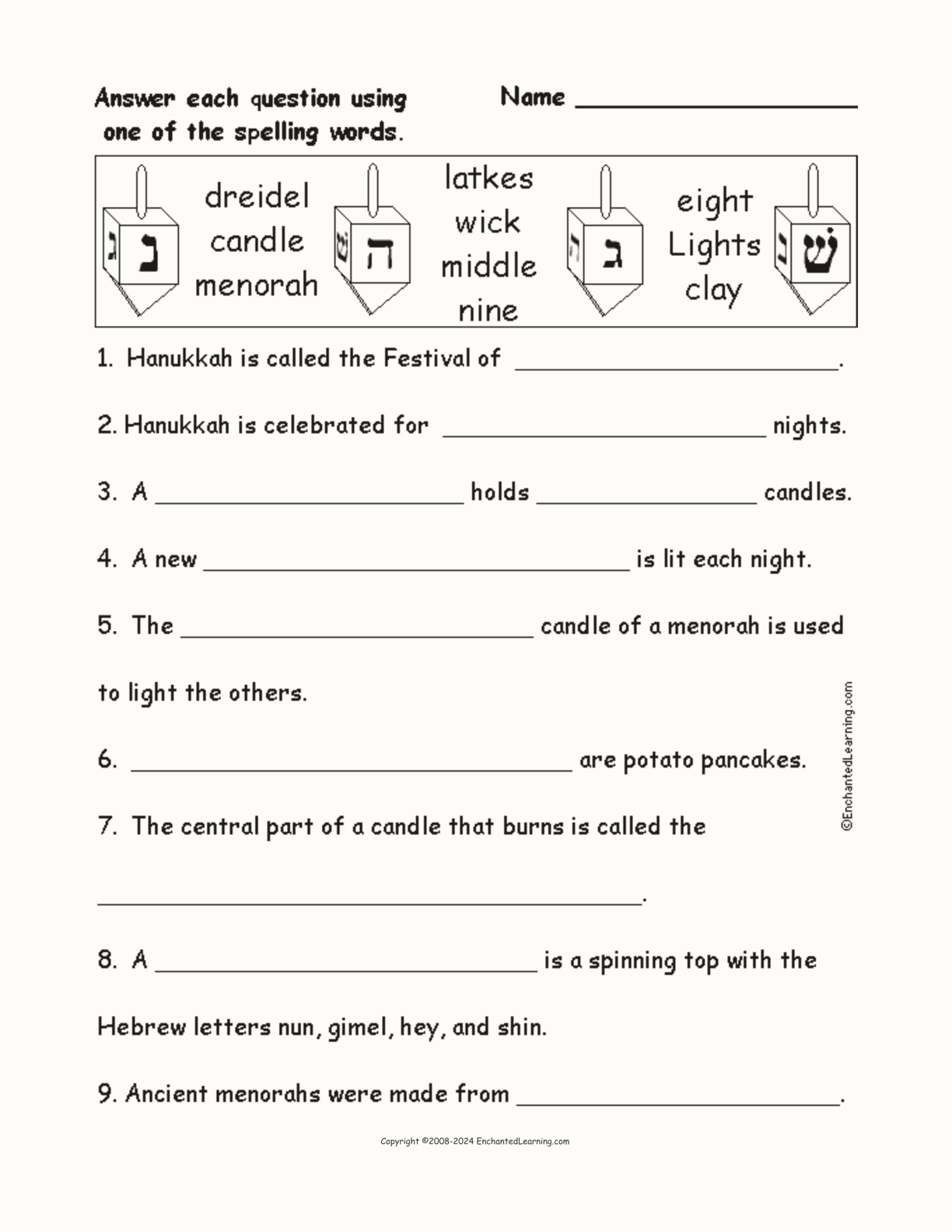 Hannukah: Spelling Word Questions interactive worksheet page 1