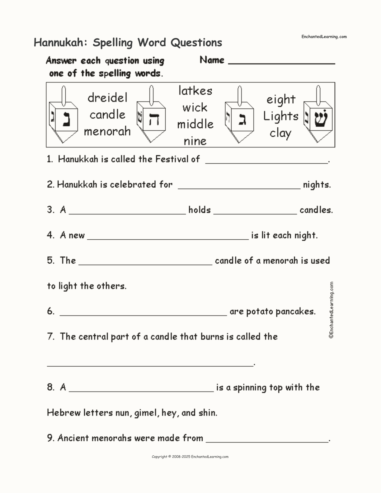 Hannukah: Spelling Word Questions interactive worksheet page 1