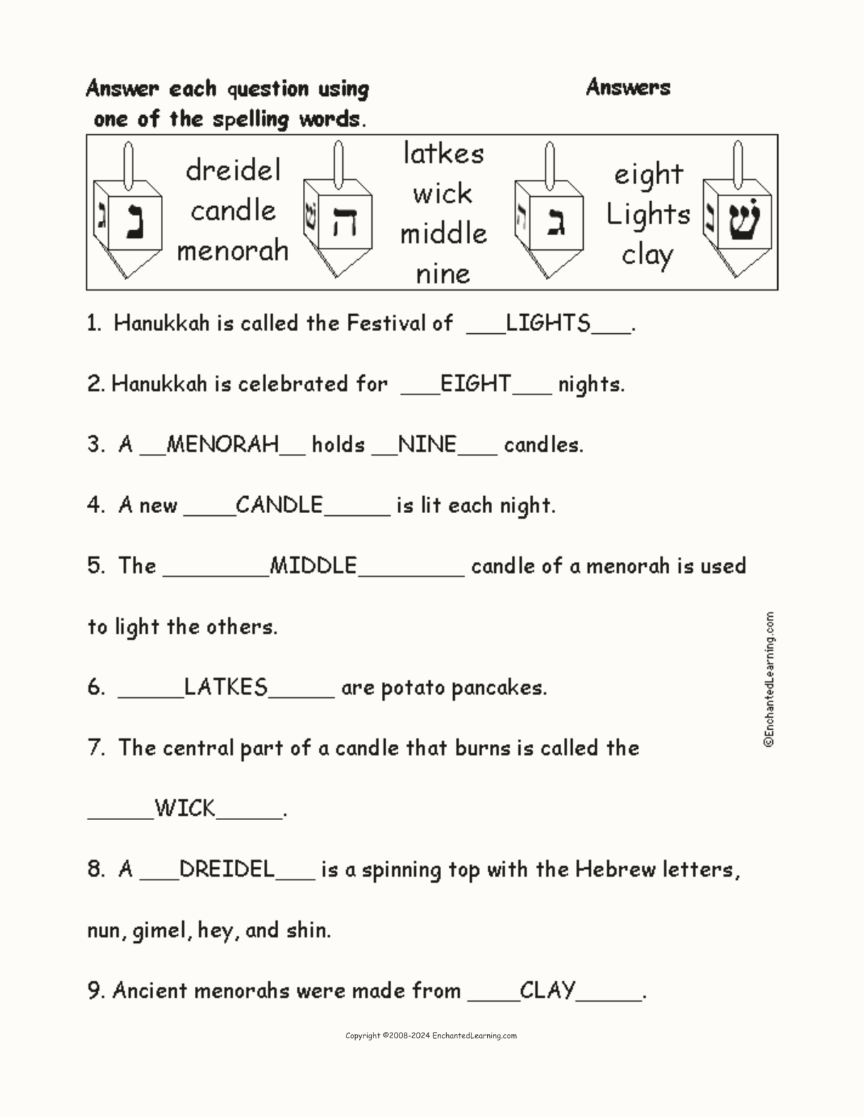 Hannukah: Spelling Word Questions interactive worksheet page 2