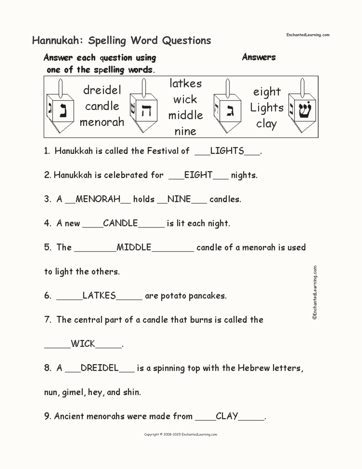 Hannukah: Spelling Word Questions interactive worksheet page 2