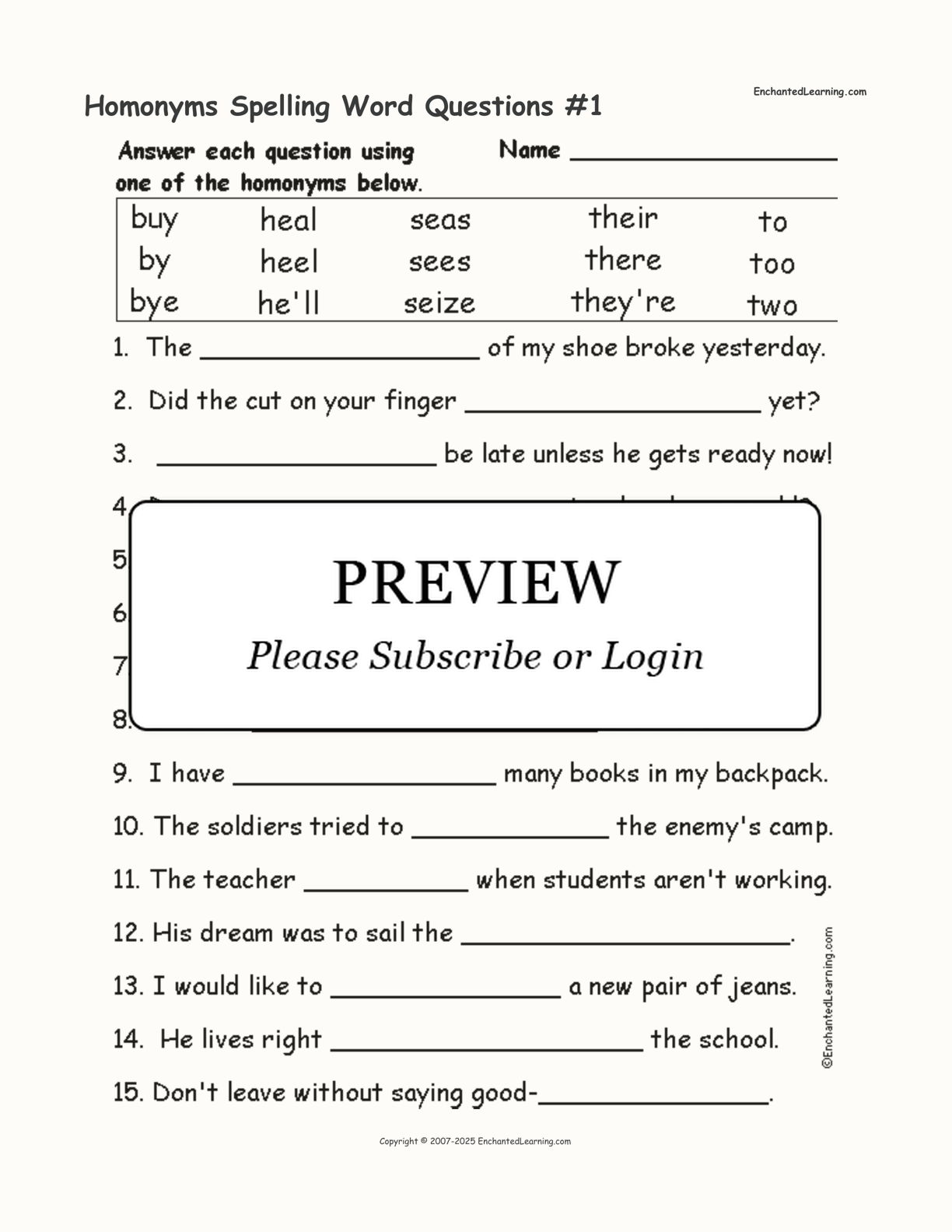 Homonyms Spelling Word Questions #1 interactive worksheet page 1