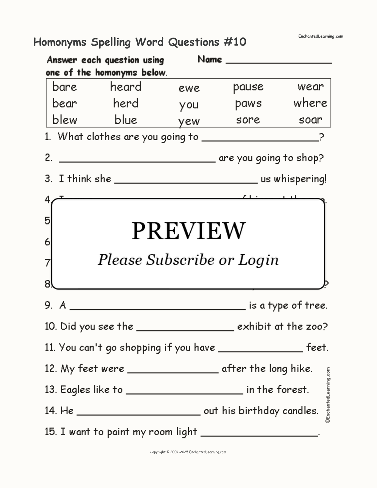 Homonyms Spelling Word Questions #10 interactive worksheet page 1