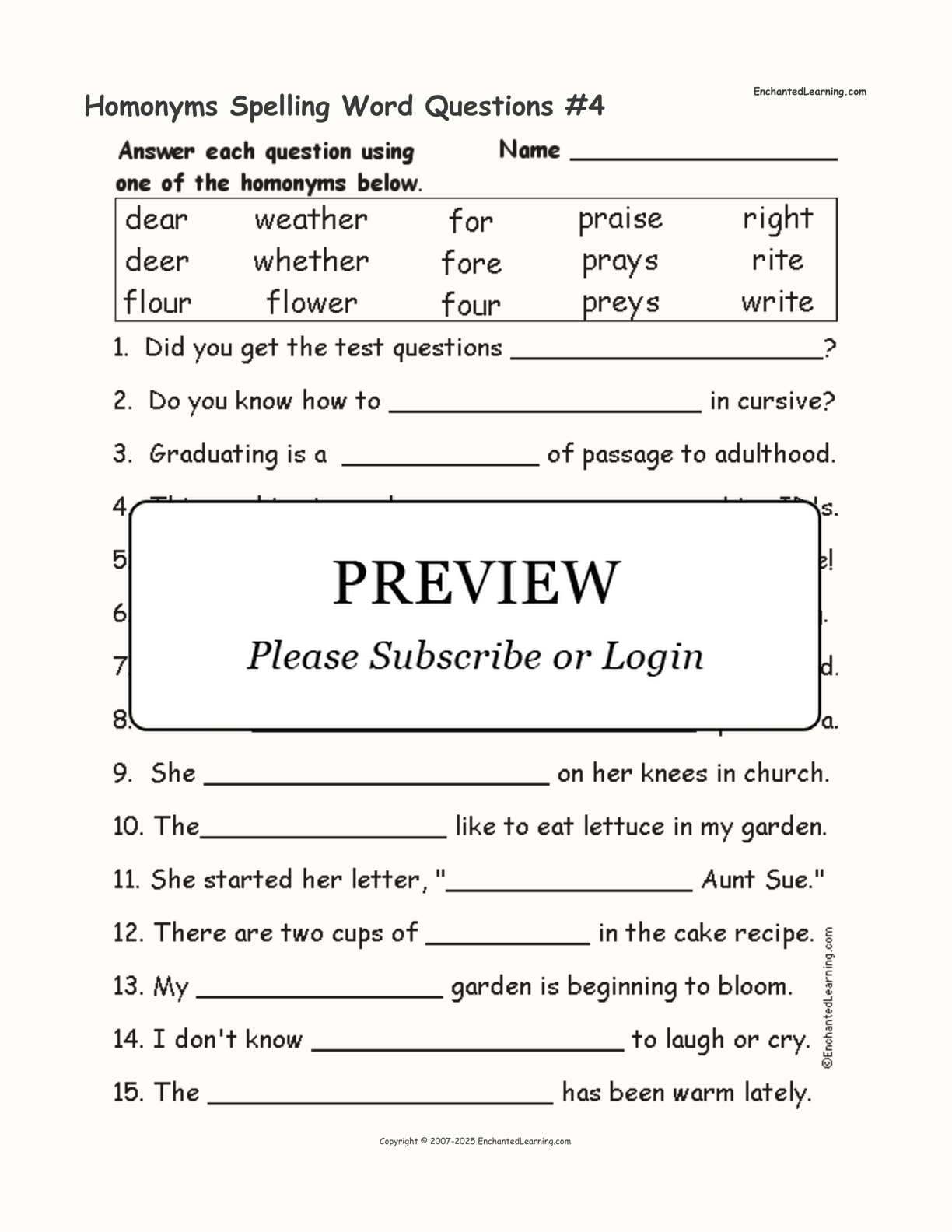 Homonyms Spelling Word Questions #4 interactive worksheet page 1