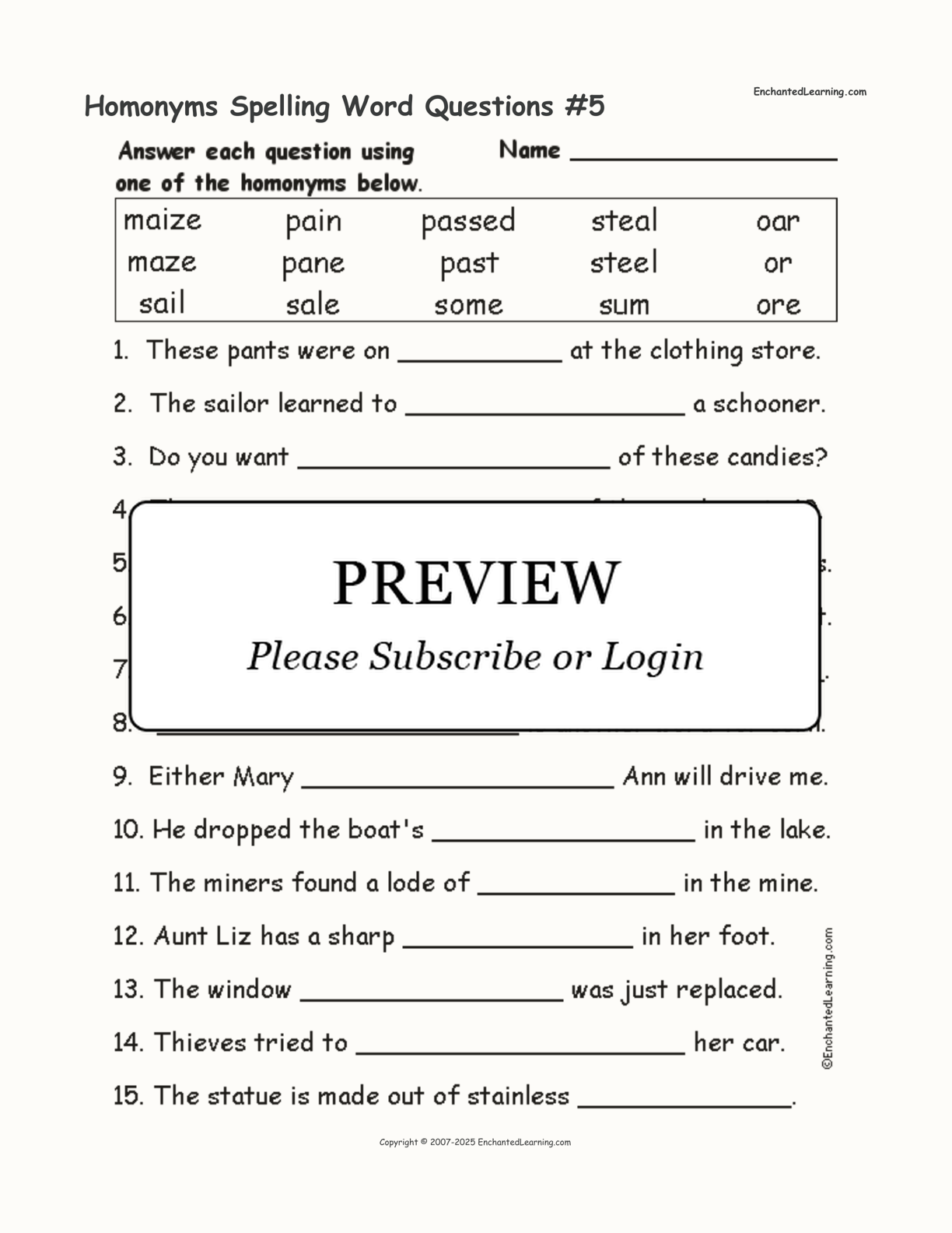 Homonyms Spelling Word Questions #5 interactive worksheet page 1