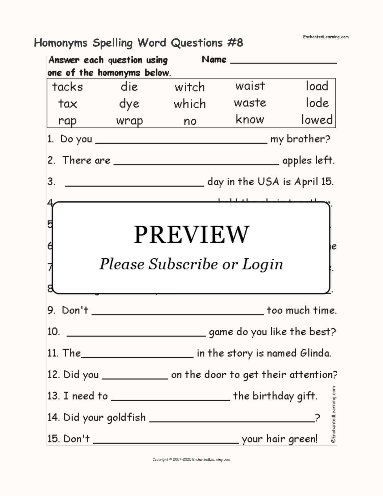 Homonyms Spelling Word Questions #8 interactive worksheet page 1