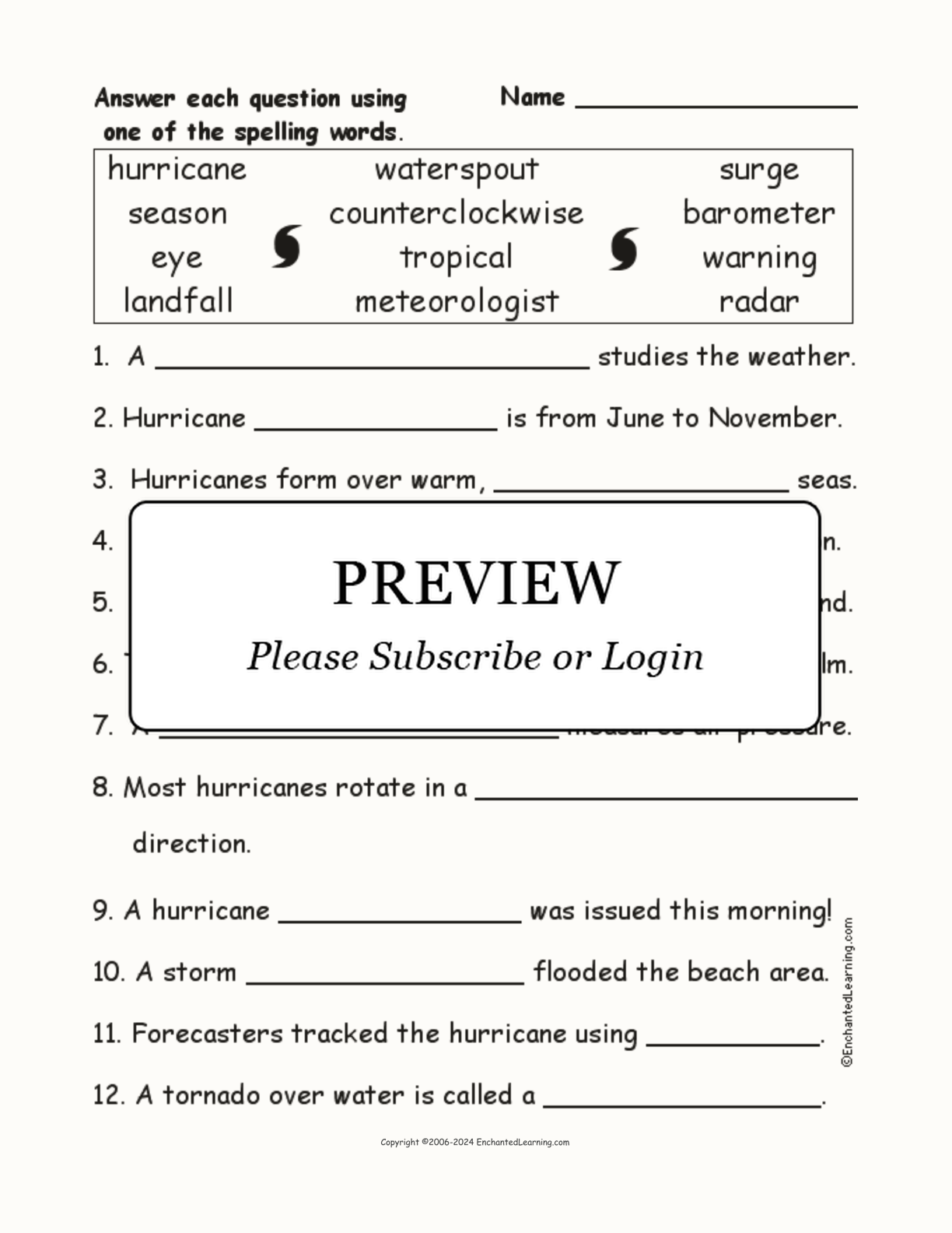 Hurricane Spelling Word Questions interactive worksheet page 1