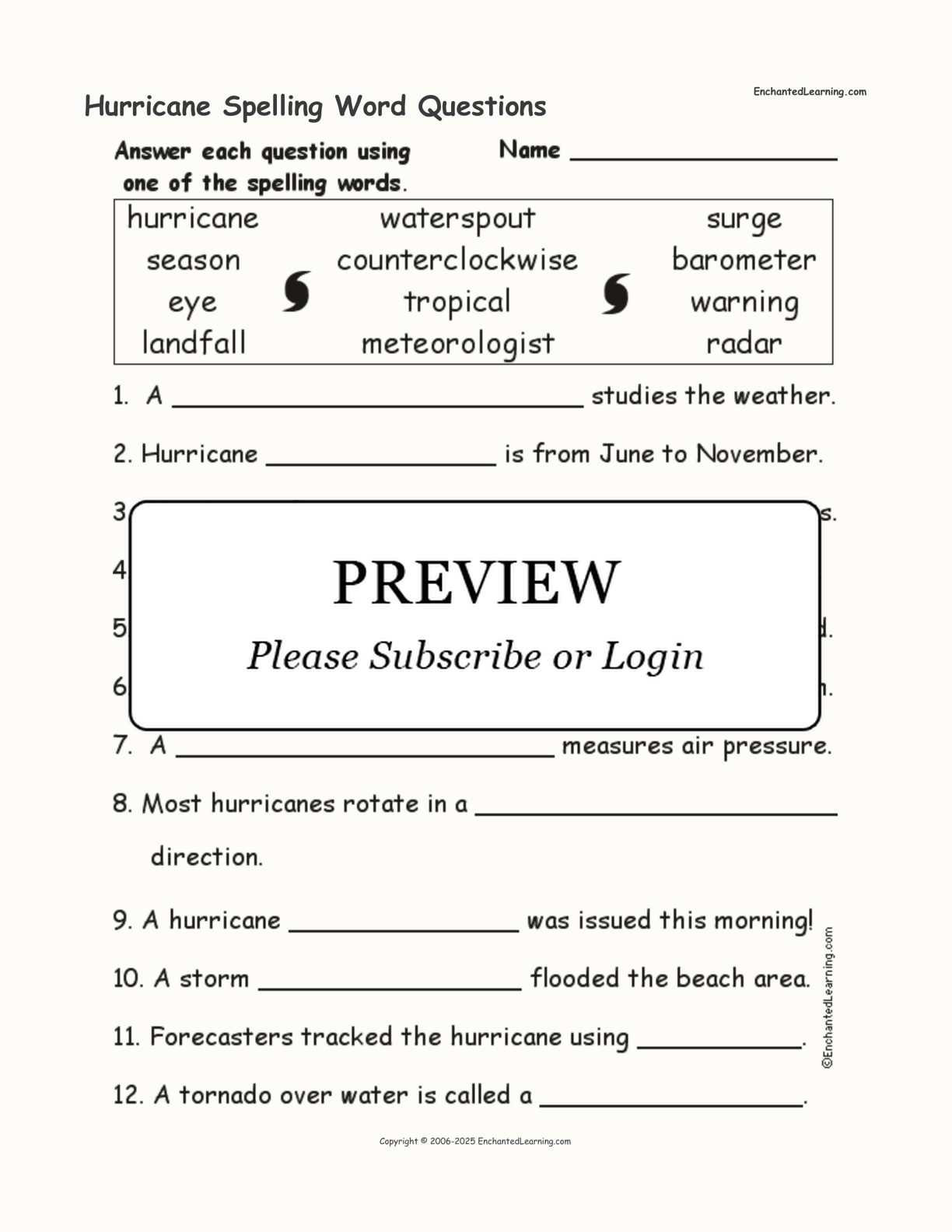 Hurricane Spelling Word Questions interactive worksheet page 1