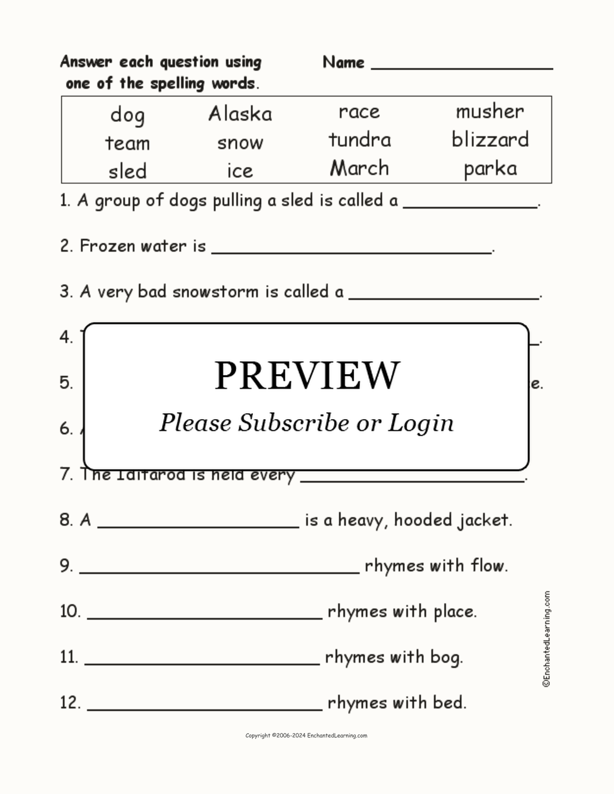 Iditarod Dog Sled Race: Spelling Questions interactive worksheet page 1