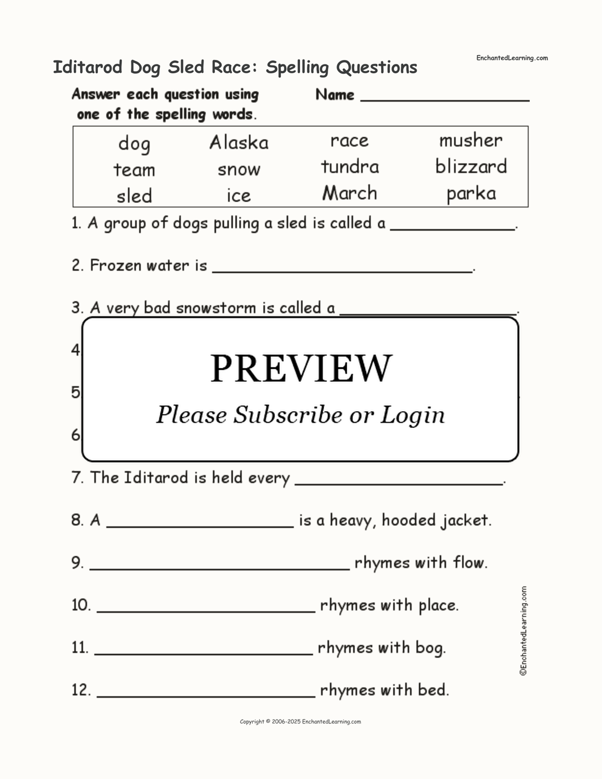 Iditarod Dog Sled Race: Spelling Questions interactive worksheet page 1