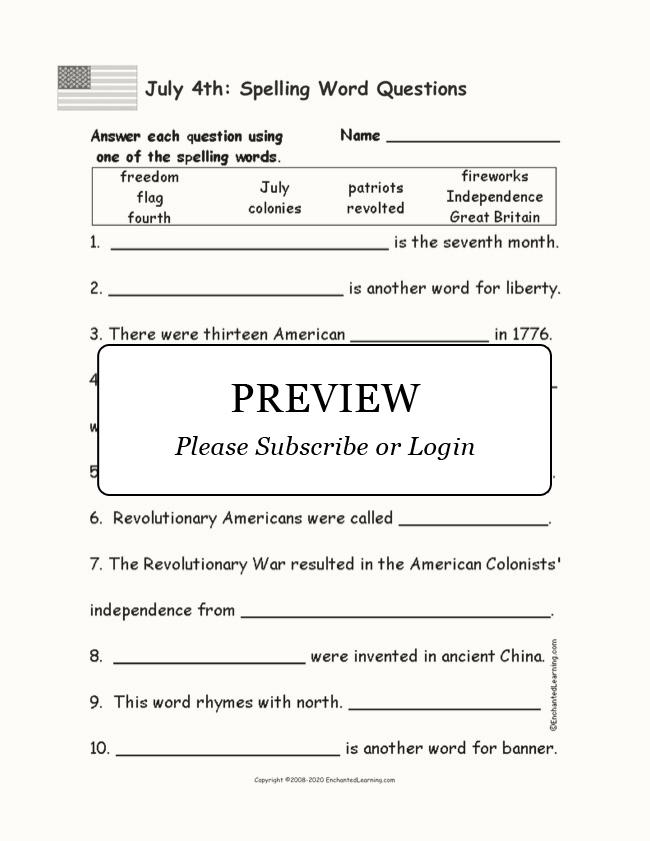 July 4th Spelling Word Questions - Enchanted Learning