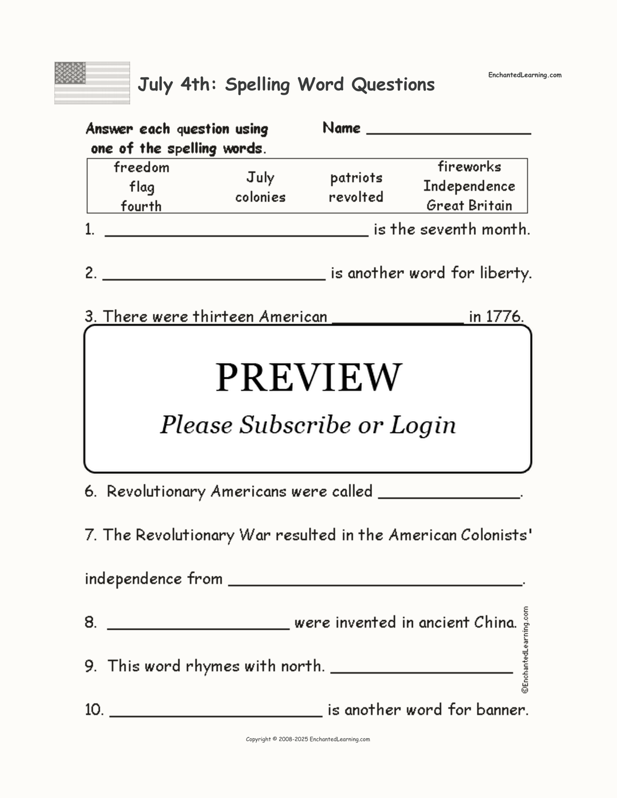 July 4th: Spelling Word Questions interactive worksheet page 1