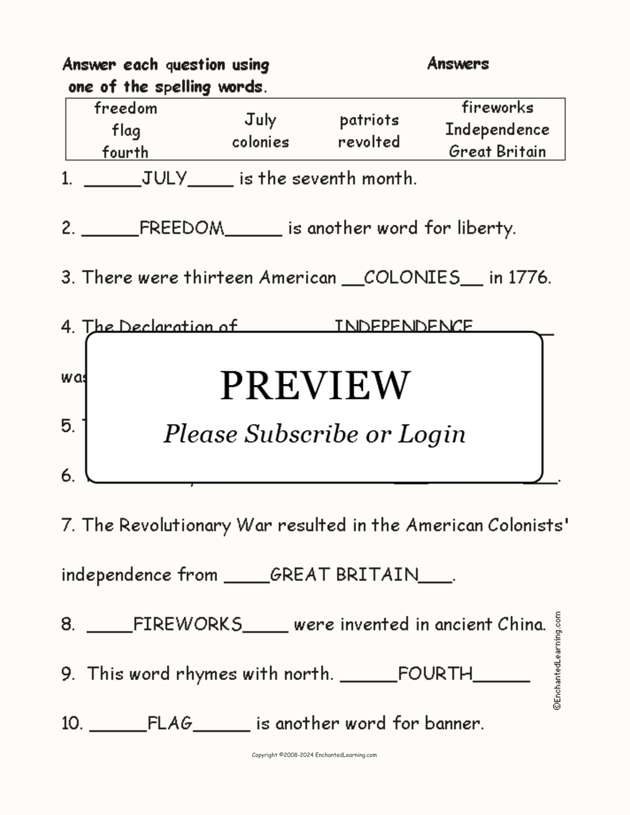 July 4th: Spelling Word Questions interactive worksheet page 2