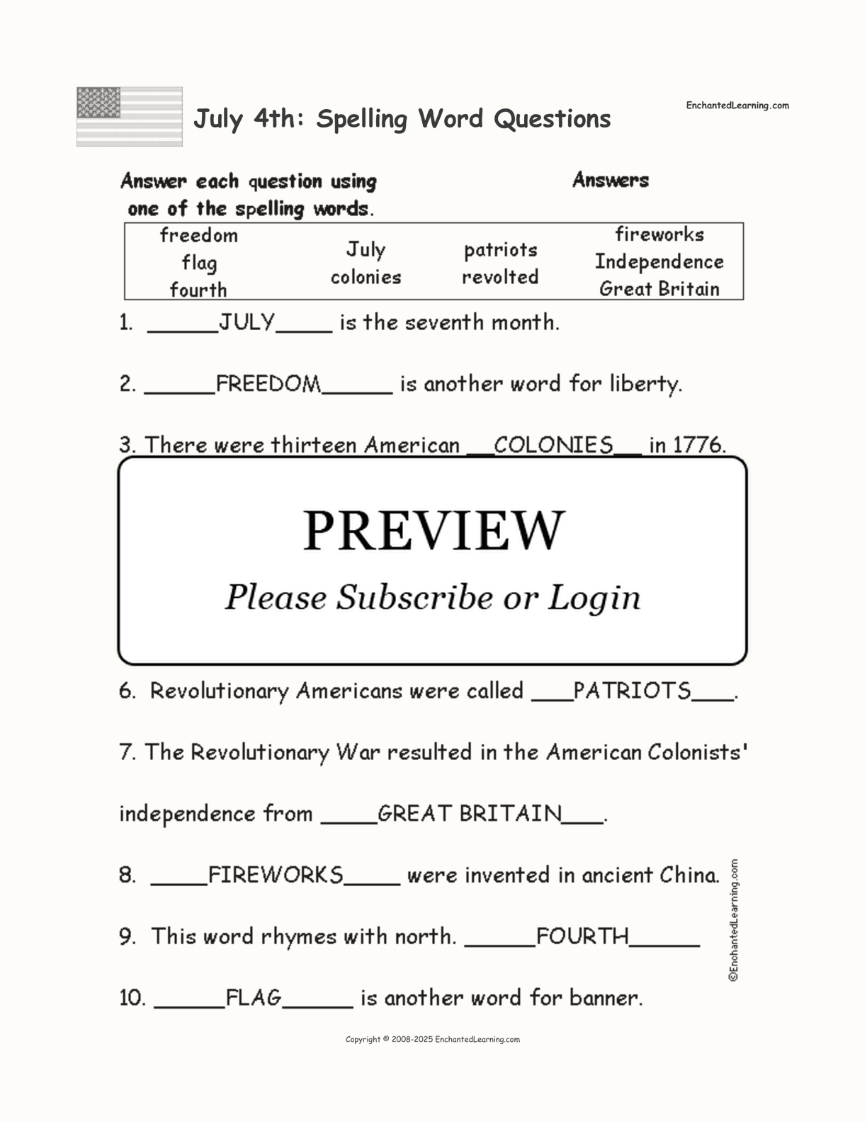 July 4th: Spelling Word Questions interactive worksheet page 2