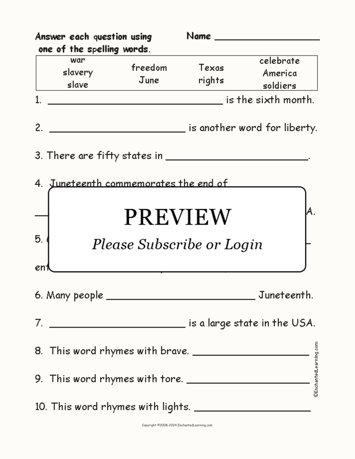 Juneteenth Spelling Word Questions interactive worksheet page 1