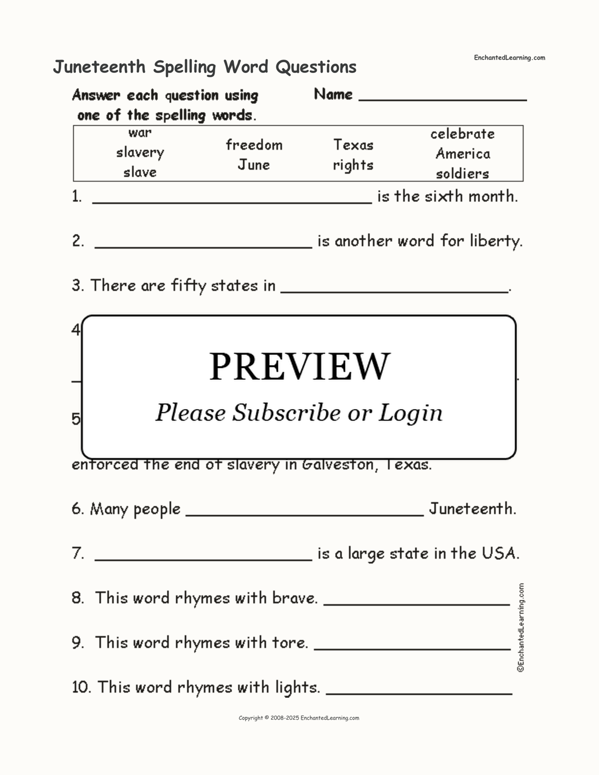 Juneteenth Spelling Word Questions interactive worksheet page 1