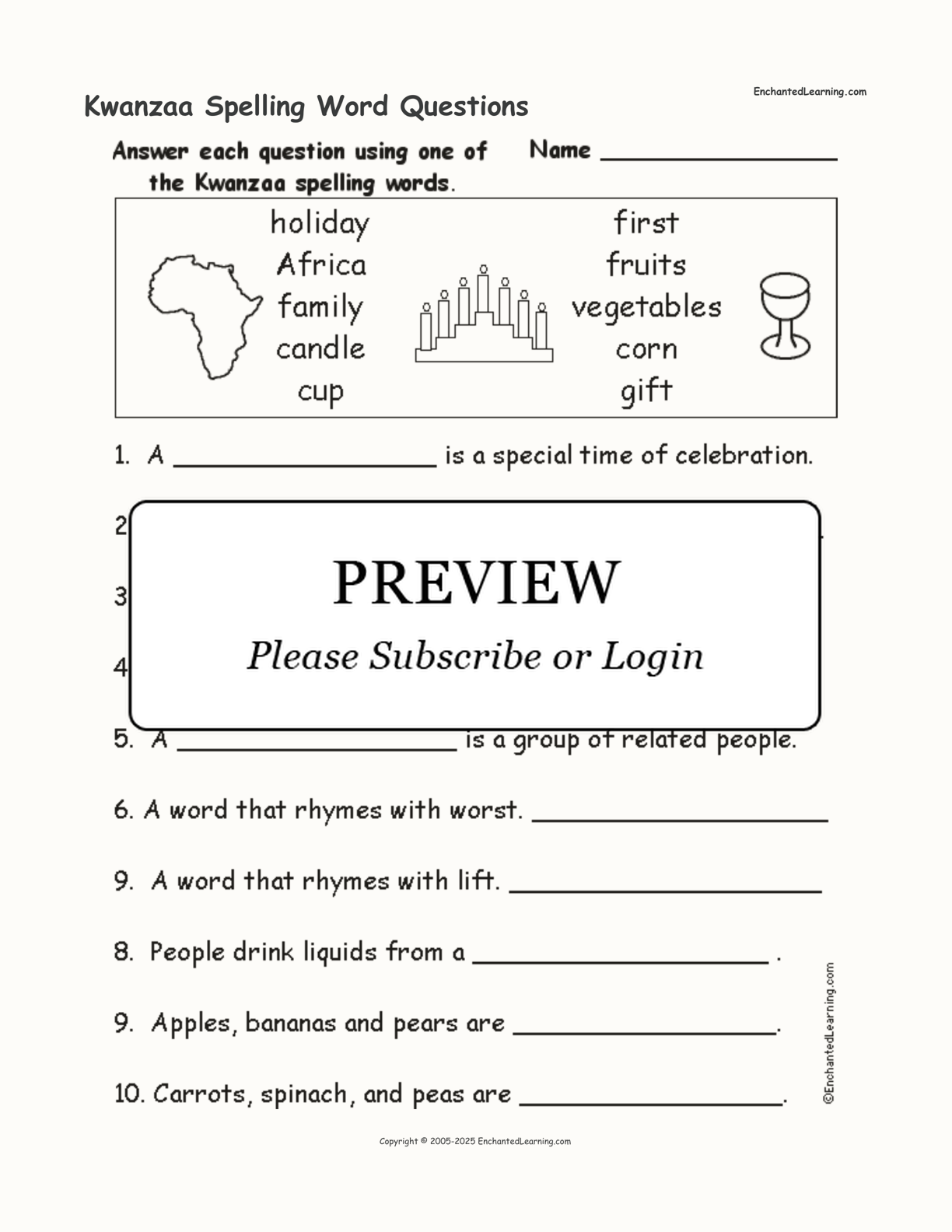 Kwanzaa Spelling Word Questions interactive worksheet page 1