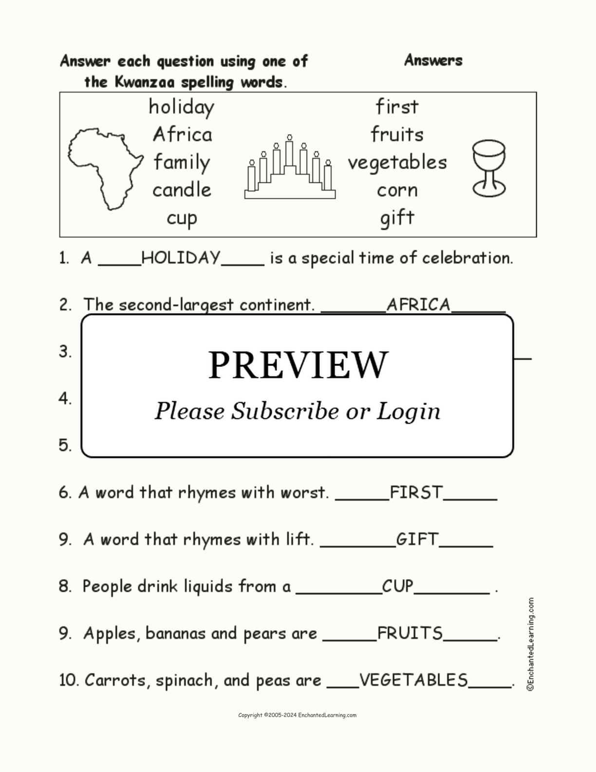 Kwanzaa Spelling Word Questions interactive worksheet page 2
