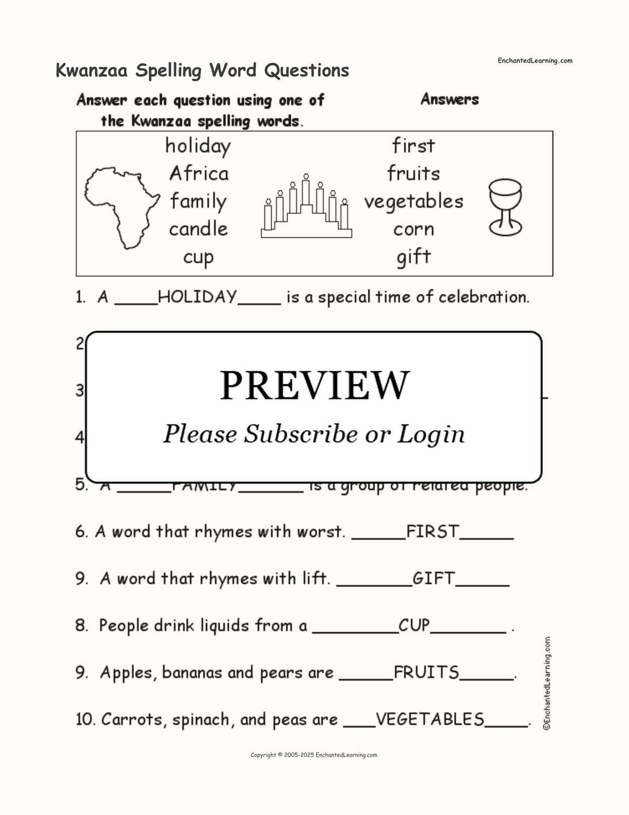 Kwanzaa Spelling Word Questions interactive worksheet page 2