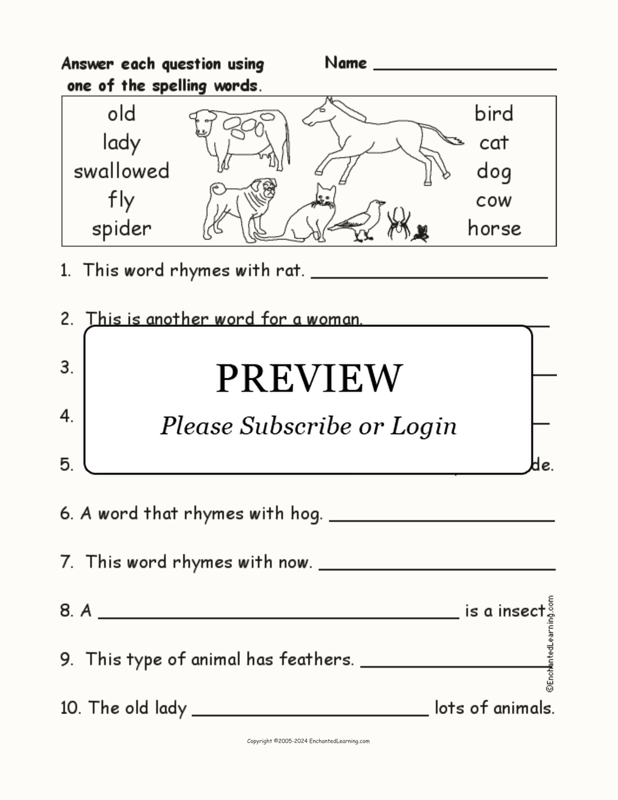 'The Old Lady and the Fly': Spelling Word Questions interactive worksheet page 1