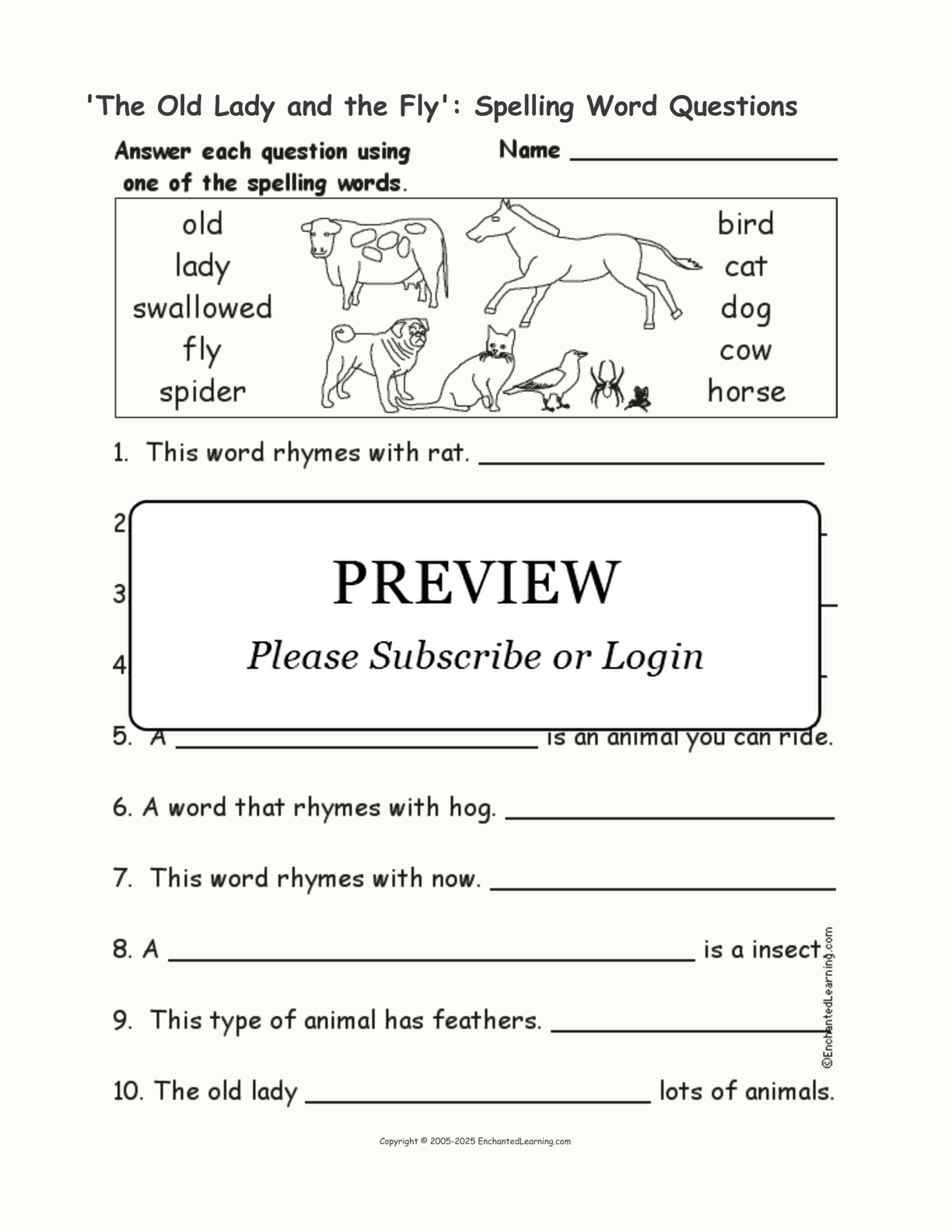 'The Old Lady and the Fly': Spelling Word Questions interactive worksheet page 1