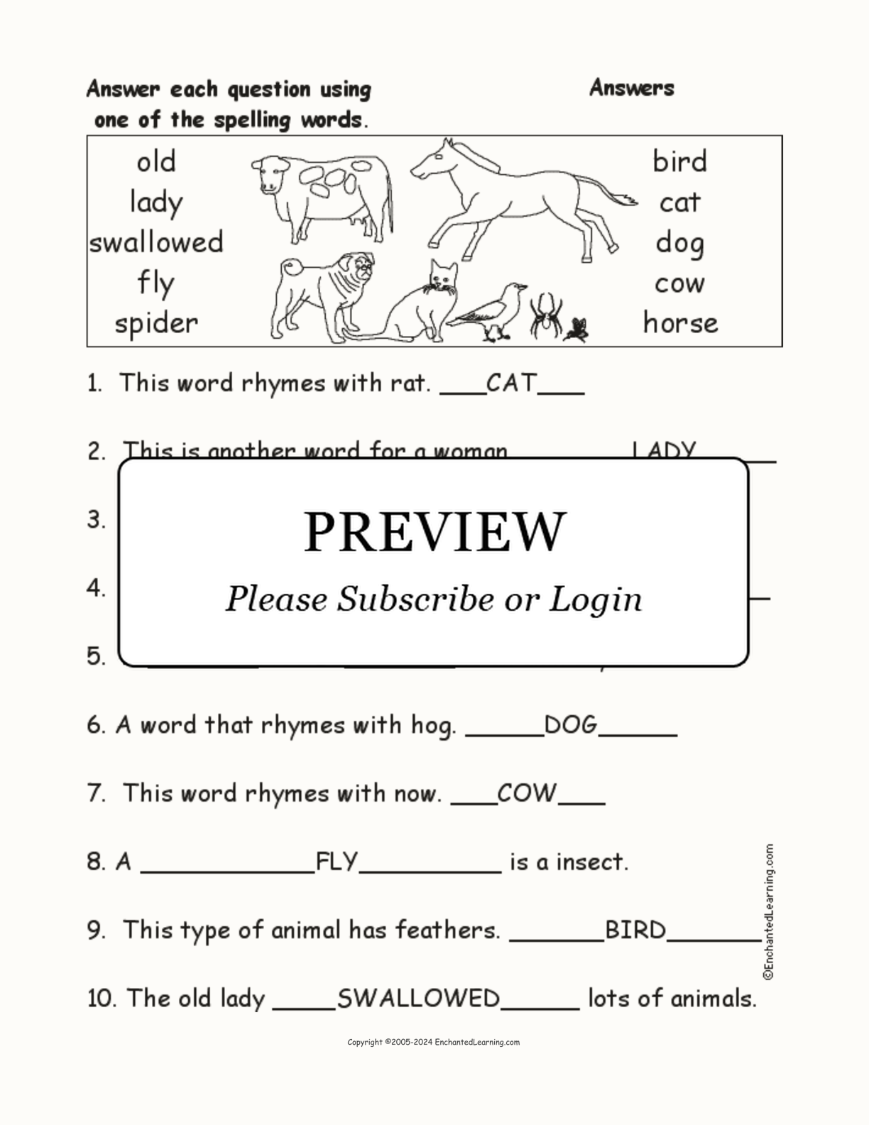 'The Old Lady and the Fly': Spelling Word Questions interactive worksheet page 2