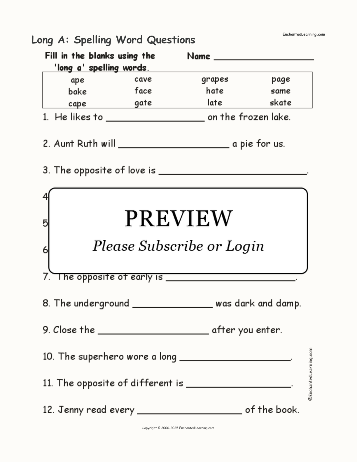 Long A: Spelling Word Questions interactive worksheet page 1