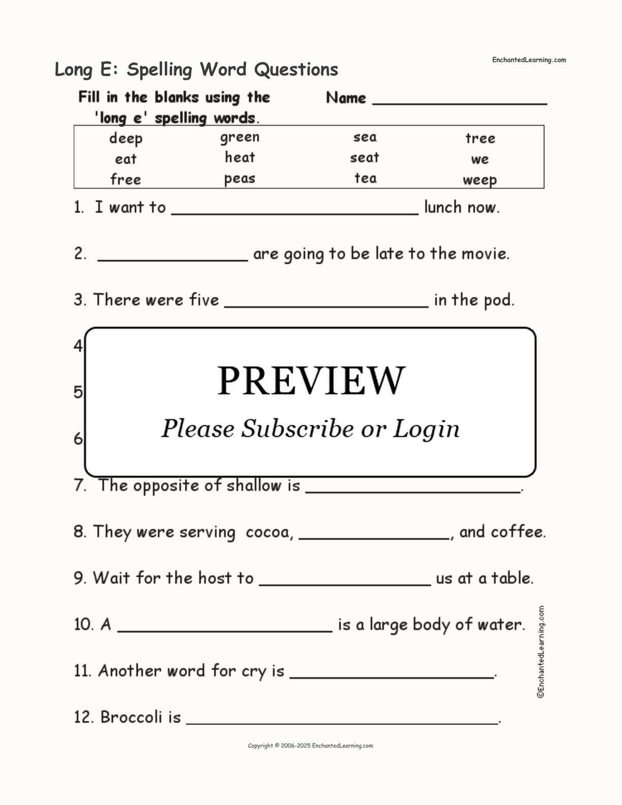 Long E: Spelling Word Questions interactive worksheet page 1