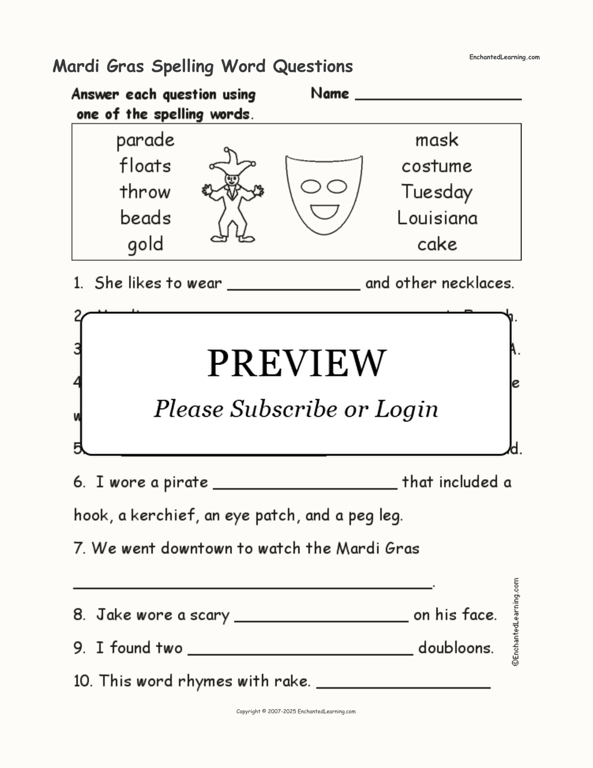 Mardi Gras Spelling Word Questions interactive worksheet page 1