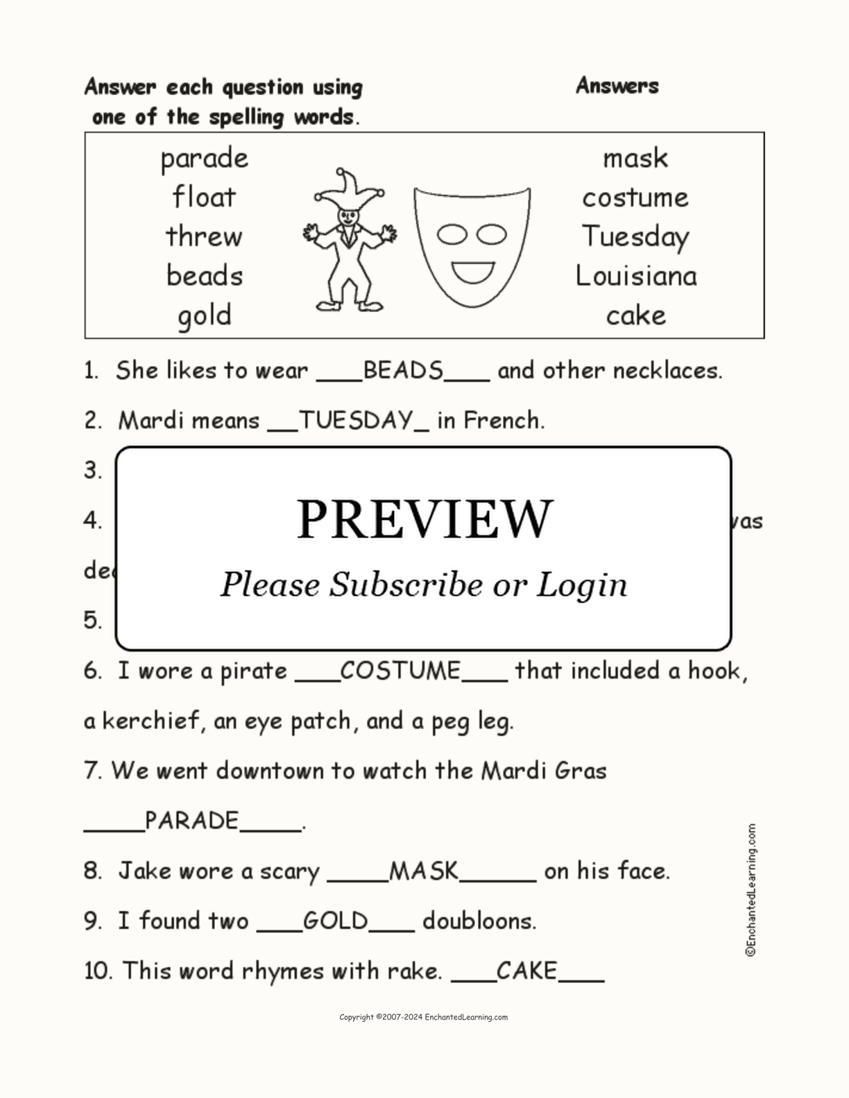 Mardi Gras Spelling Word Questions interactive worksheet page 2