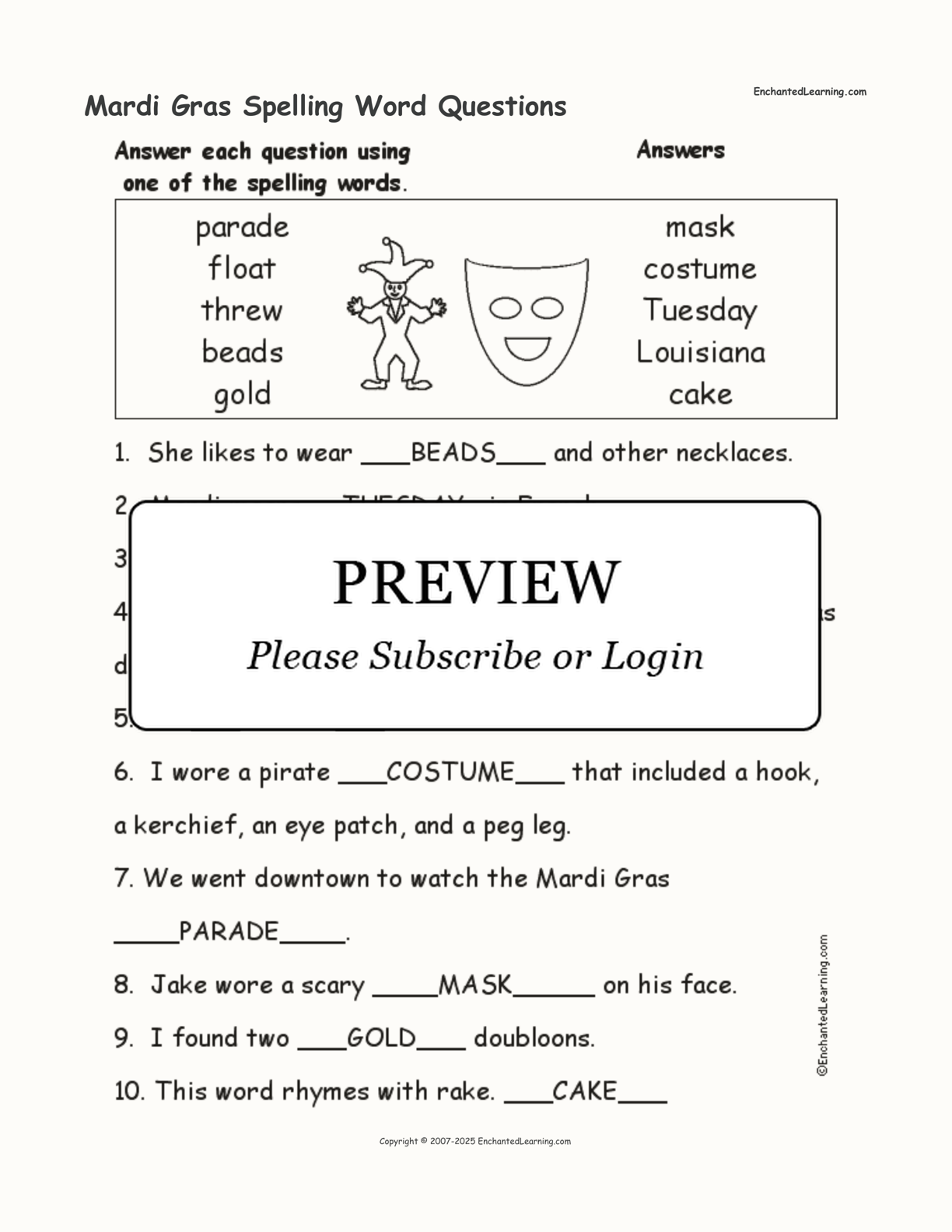 Mardi Gras Spelling Word Questions interactive worksheet page 2