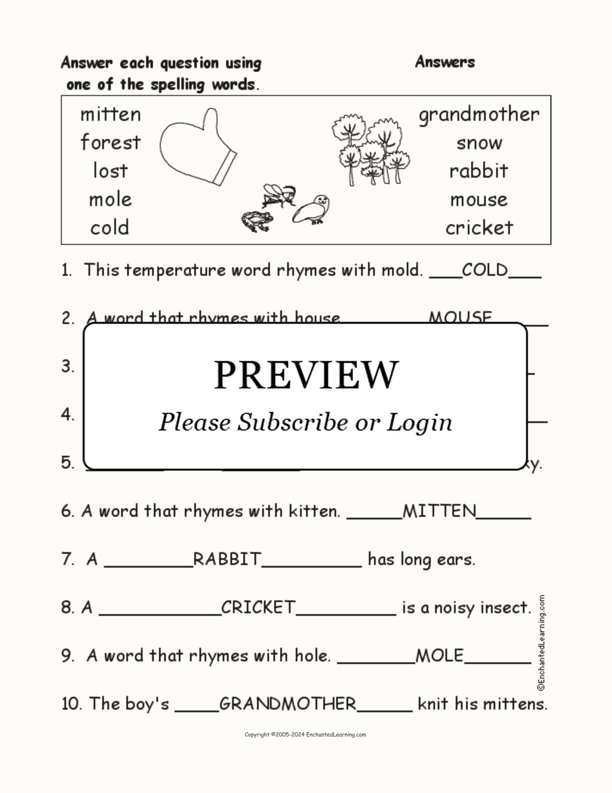 'The Mitten' Spelling Word Questions interactive worksheet page 2