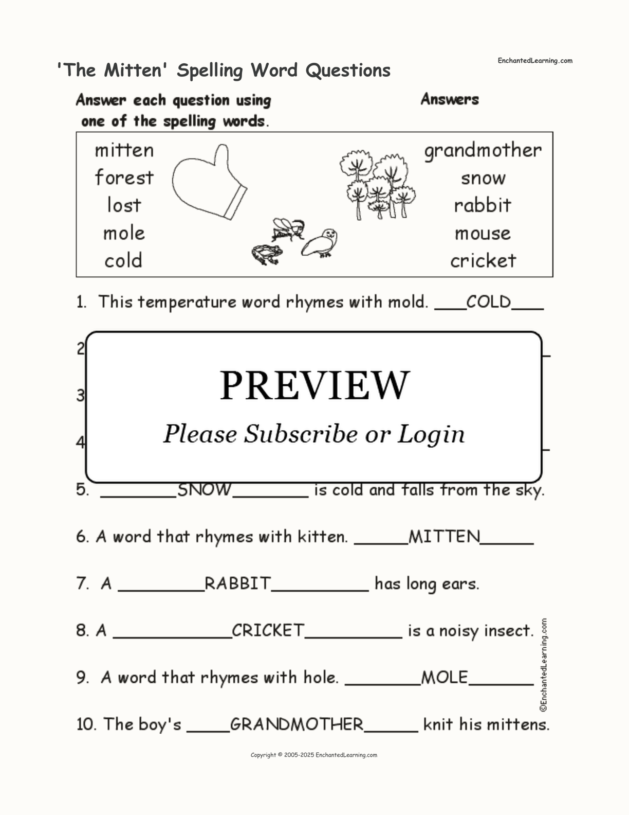 'The Mitten' Spelling Word Questions interactive worksheet page 2