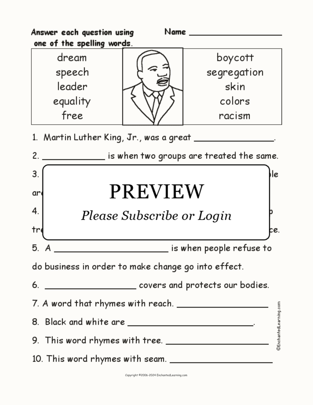 Martin Luther King, Jr., Spelling Word Questions interactive worksheet page 1