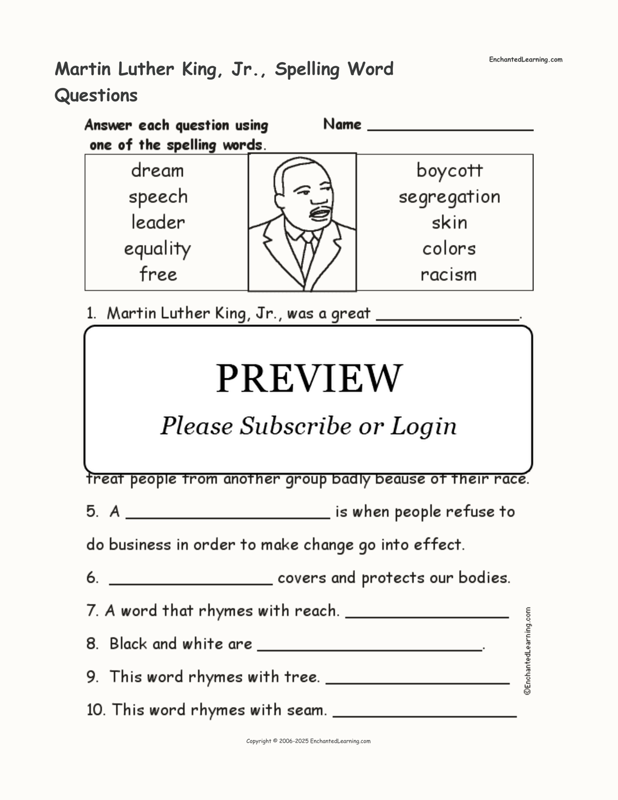 Martin Luther King, Jr., Spelling Word Questions interactive worksheet page 1