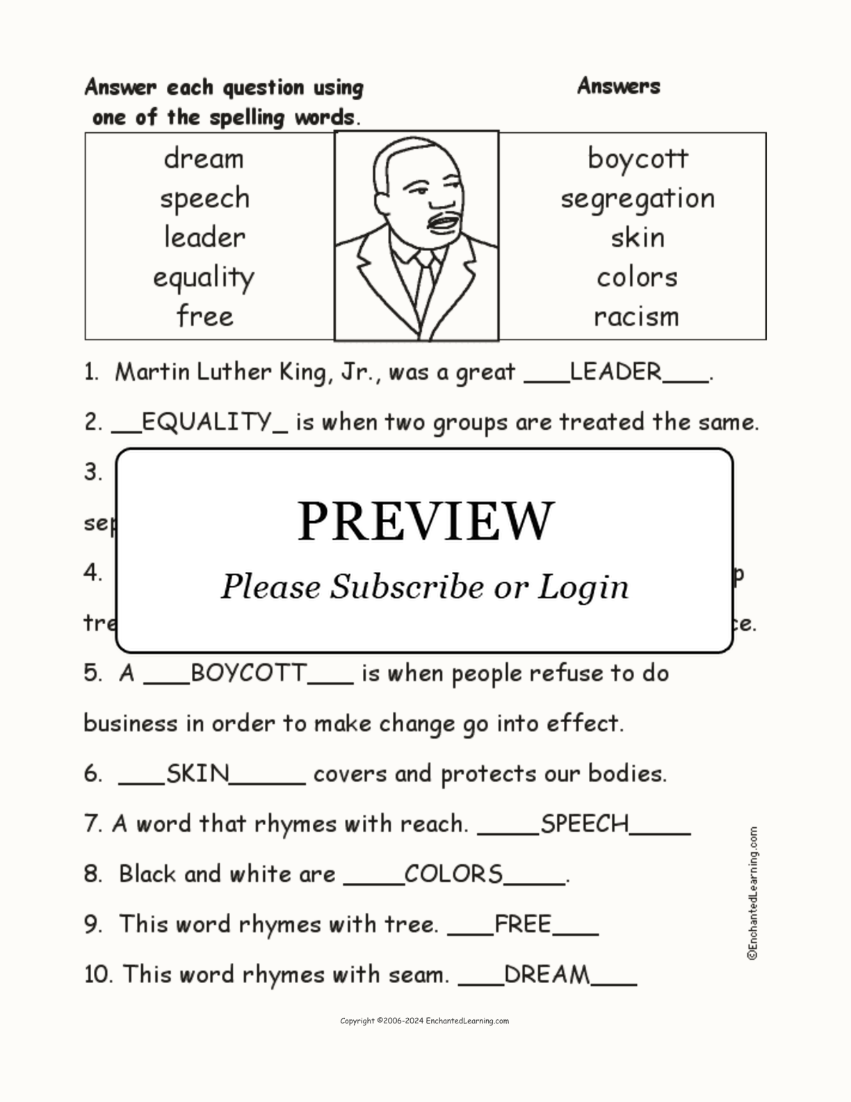 Martin Luther King, Jr., Spelling Word Questions interactive worksheet page 2