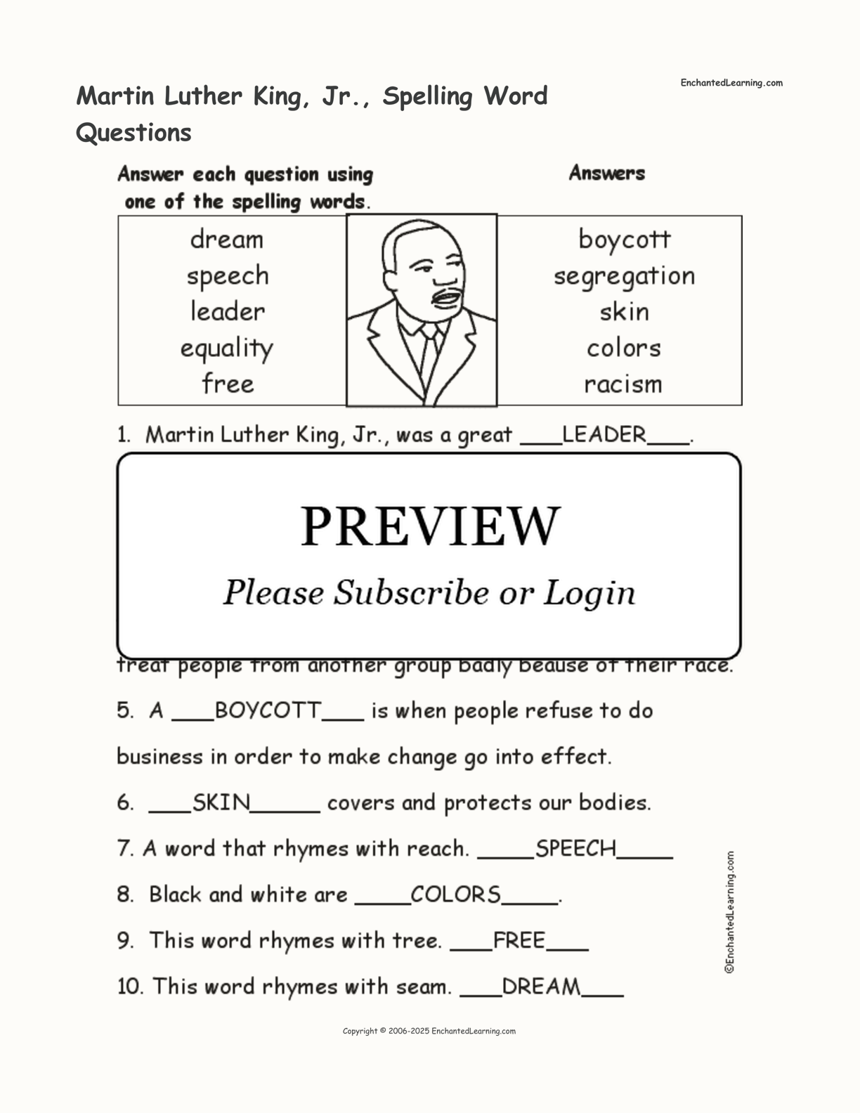 Martin Luther King, Jr., Spelling Word Questions interactive worksheet page 2