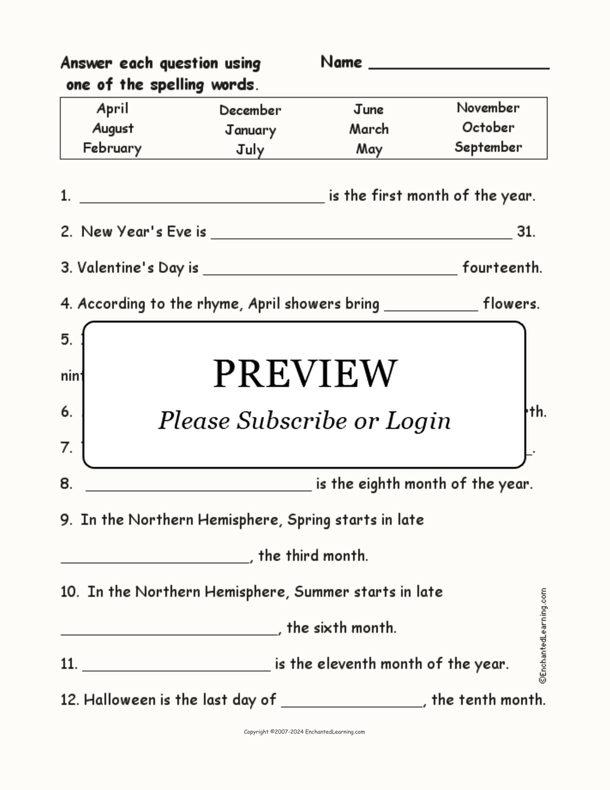 The Months: Spelling Word Questions interactive worksheet page 1